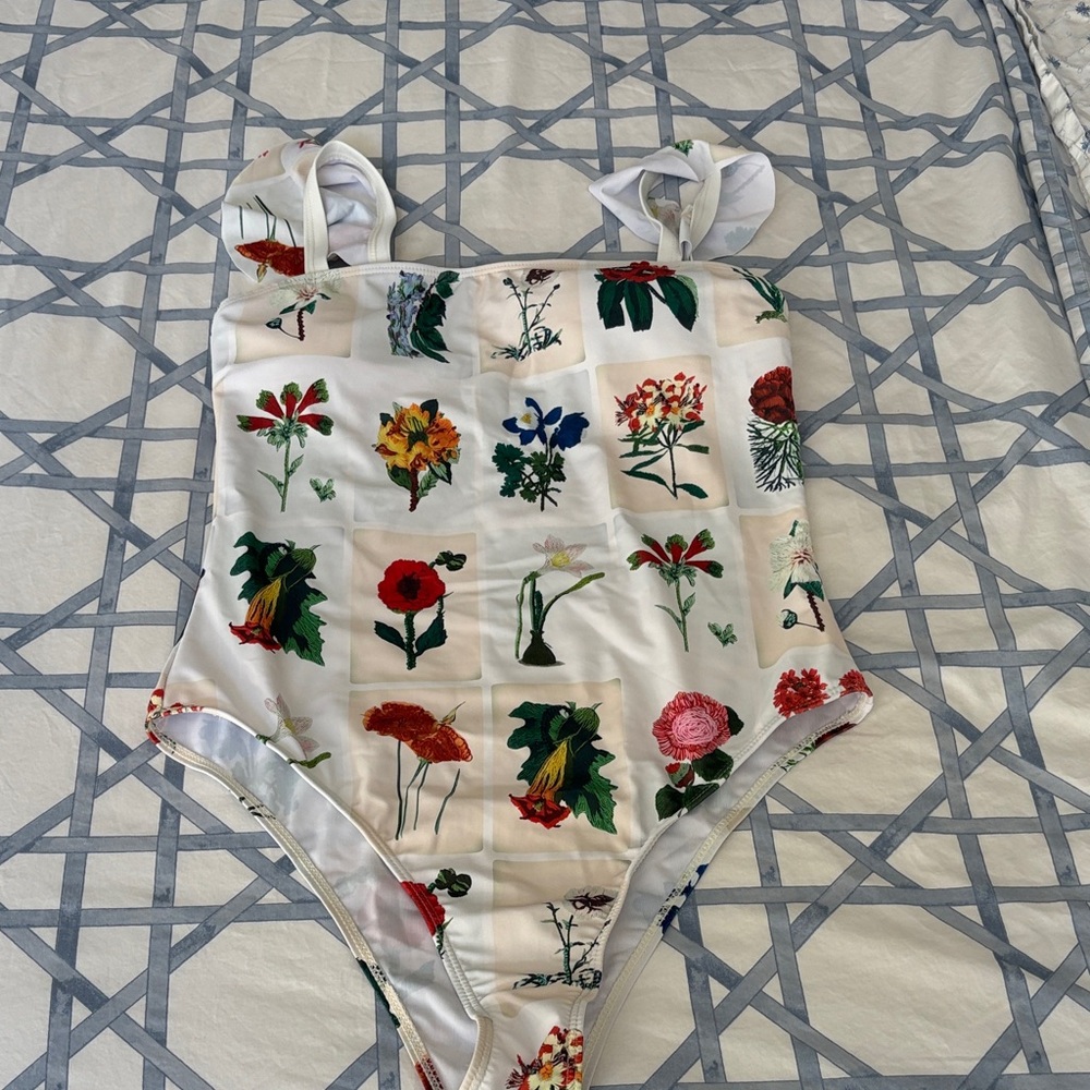 Floral Print One-Piece Swimsuit - Cream Base with Multicolor Flowers